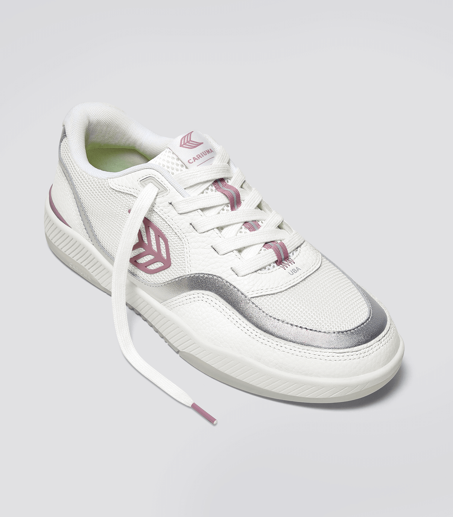 UBA White Leather and Suede Blush Pink Logo Silver Accents Sneaker