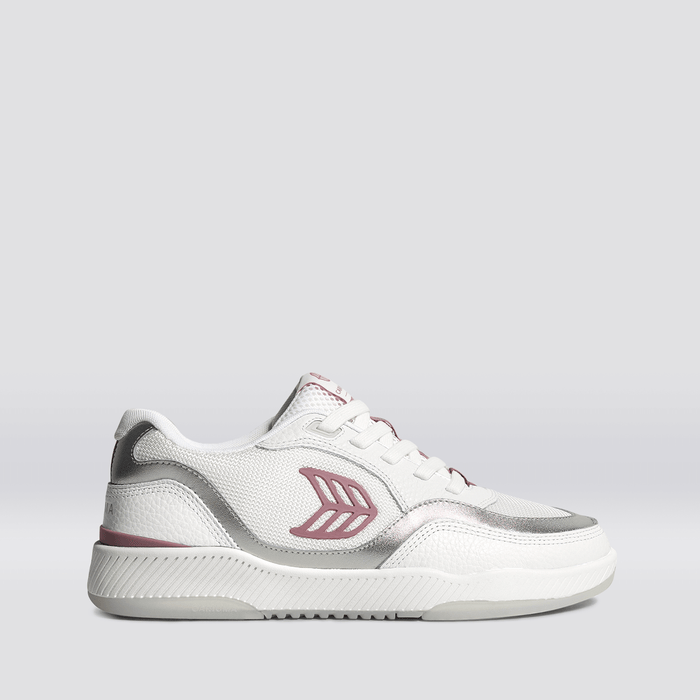 UBA White Leather and Suede Blush Pink Logo Silver Accents Sneaker
